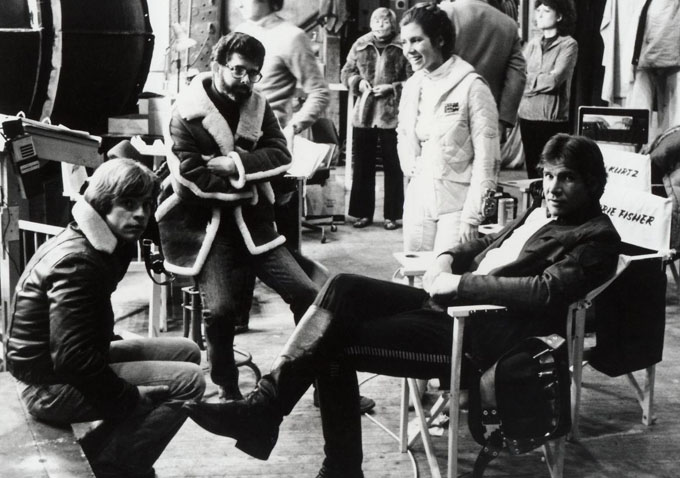 George Lucas, Mark Hamill, Carrie Fisher, Harrison Ford on set of Star Wars